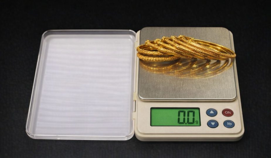 Guldarmband som vägs på en digital precisionsvåg för att sälja guld.
