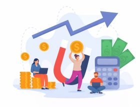 Illustration av företagsekonomi med magnet, pengar och en växande graf.