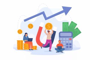 Illustration av företagsekonomi med magnet, pengar och en växande graf.