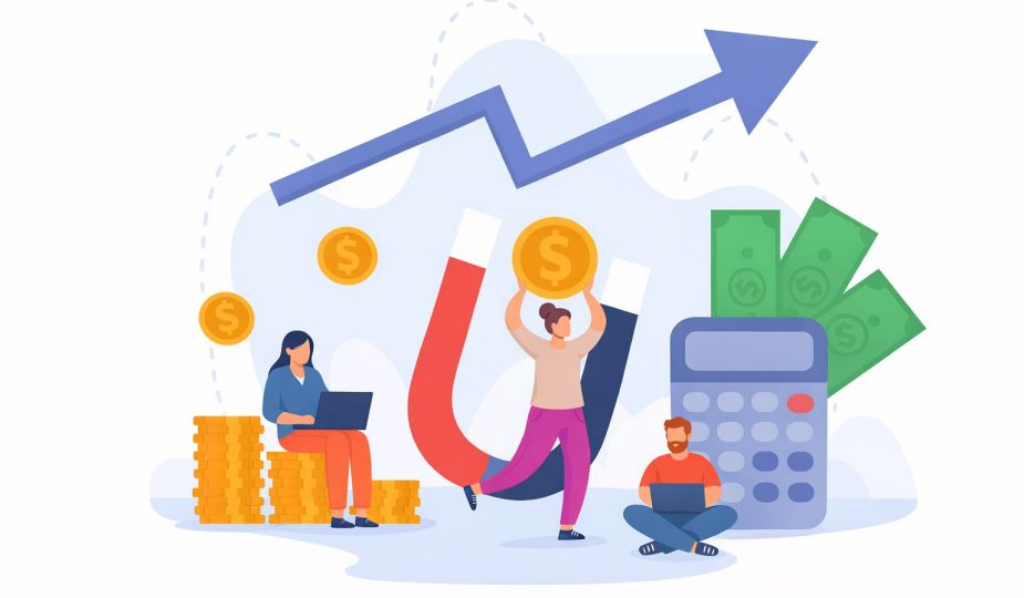 Illustration av företagsekonomi med magnet, pengar och en växande graf.